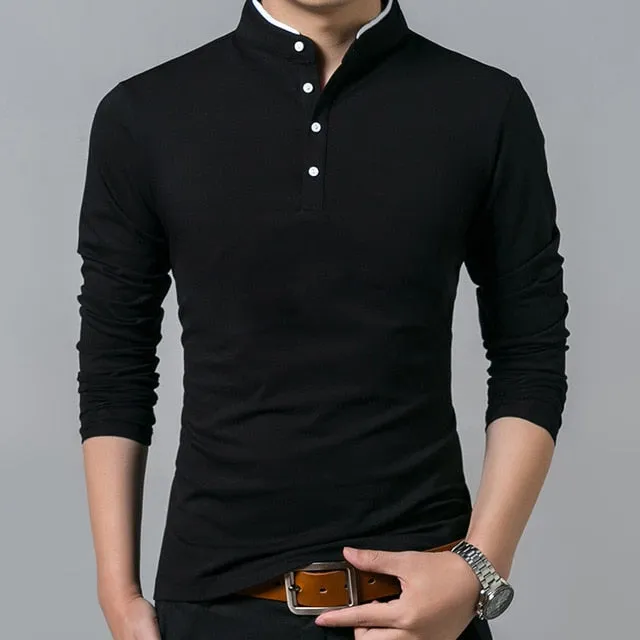 Solid Mandarin Collar Style Polo Shirt