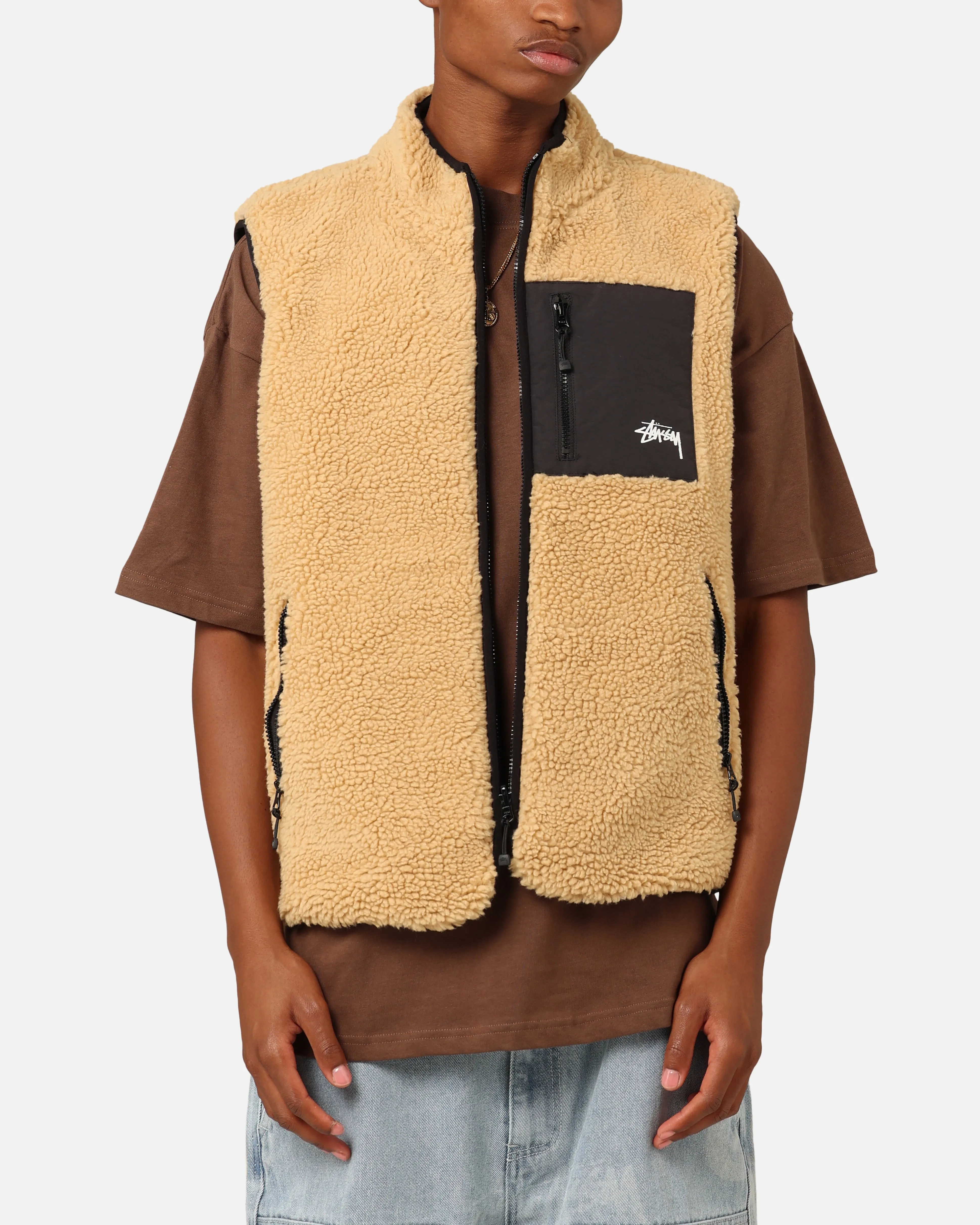 Stüssy 8 Ball Sherpa Reversible Vest Tan