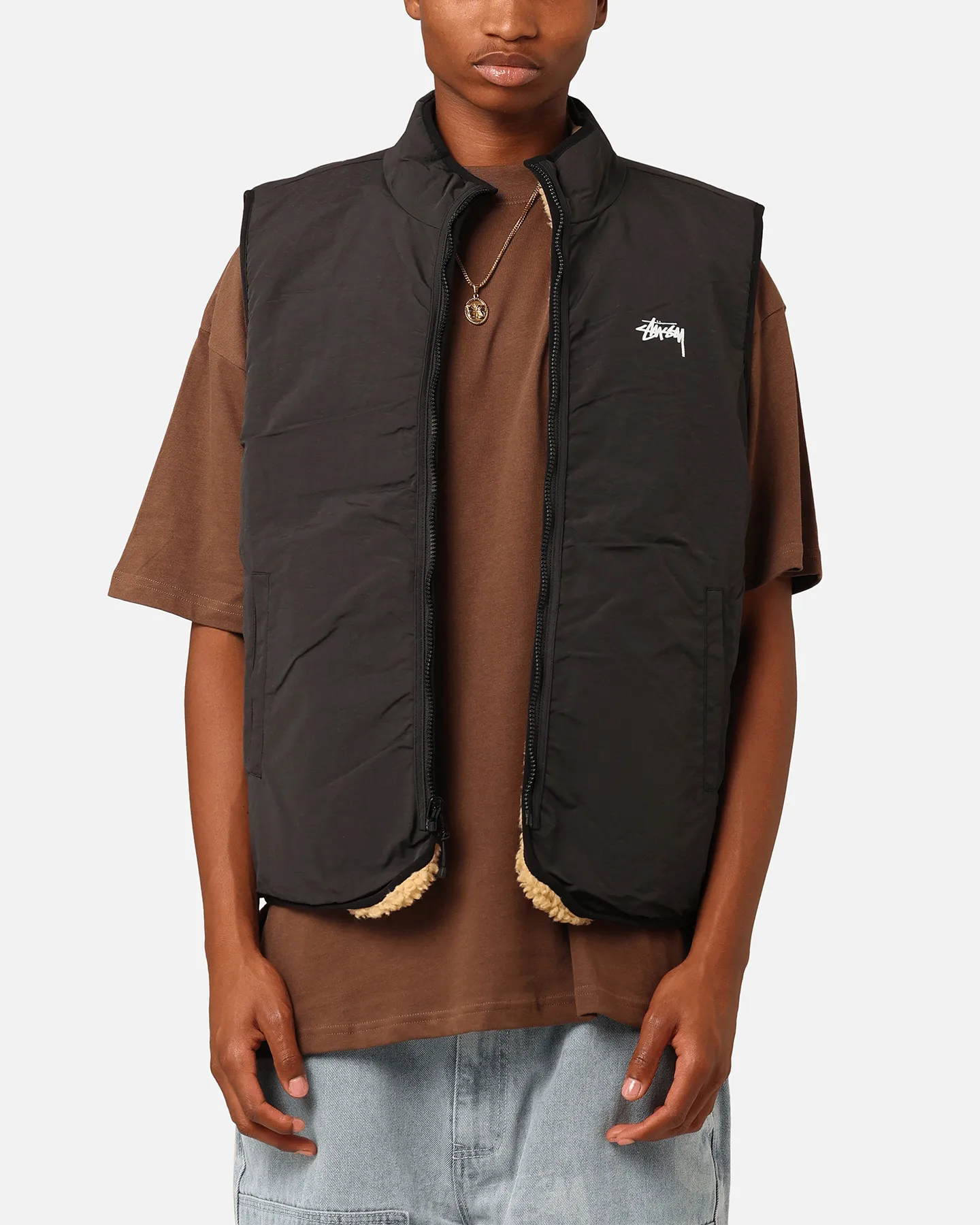 Stüssy 8 Ball Sherpa Reversible Vest Tan