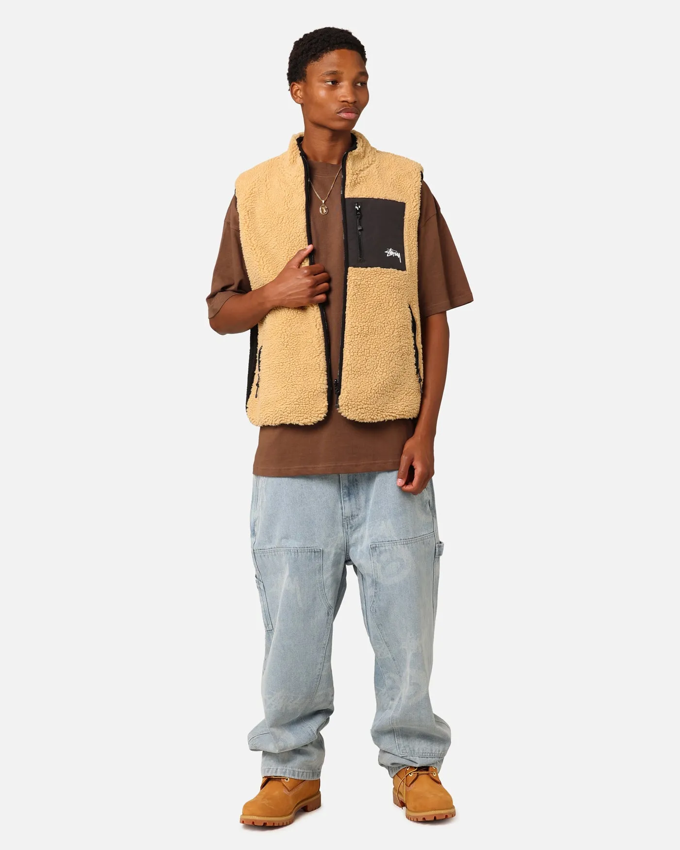 Stüssy 8 Ball Sherpa Reversible Vest Tan