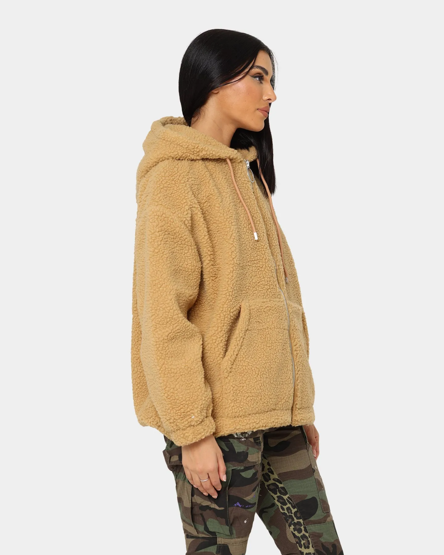 Stussy Women's Stock Sherpa Zip Up Hoodie Camel