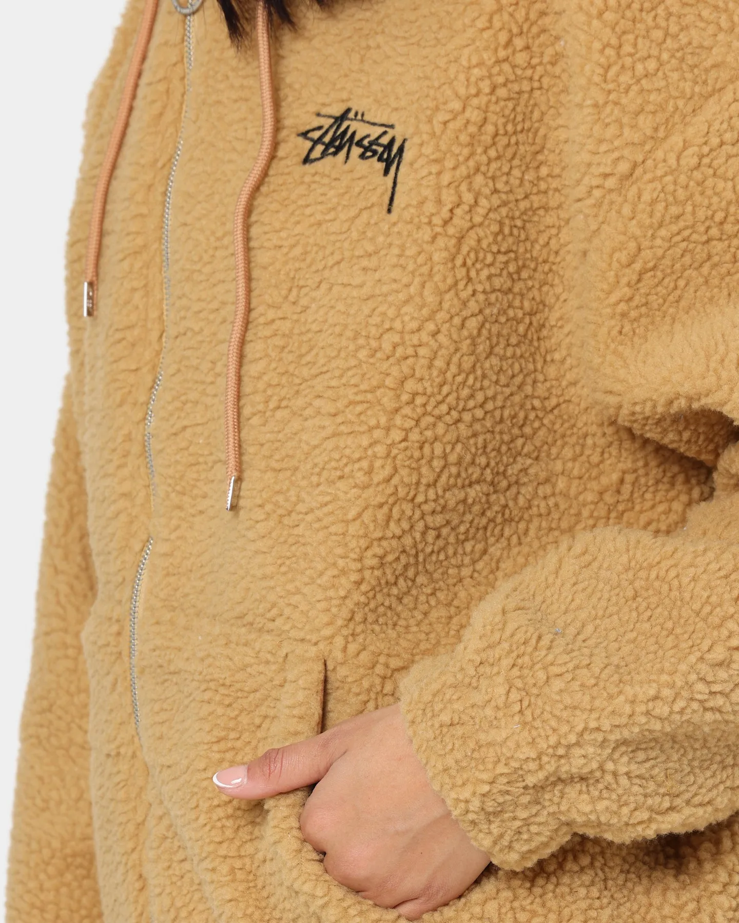 Stussy Women's Stock Sherpa Zip Up Hoodie Camel