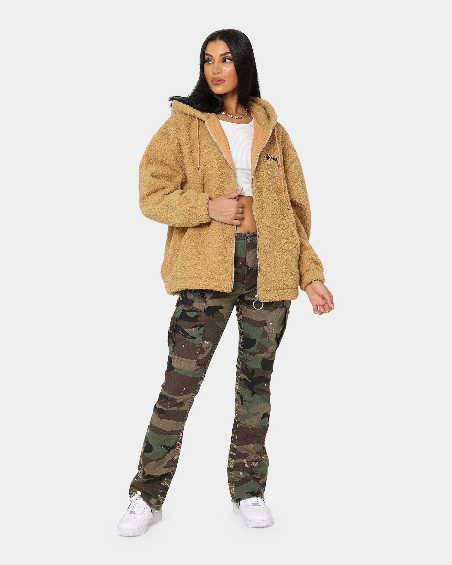 Stussy Women's Stock Sherpa Zip Up Hoodie Camel