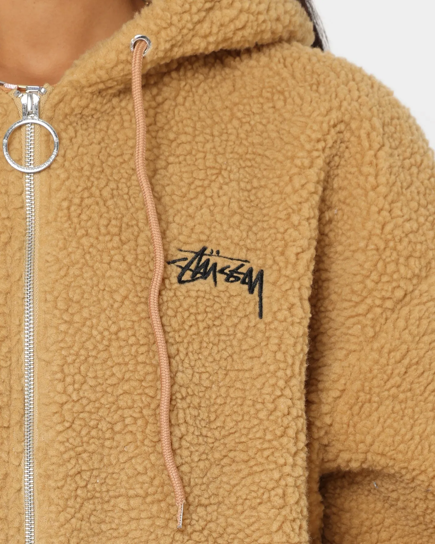 Stussy Women's Stock Sherpa Zip Up Hoodie Camel