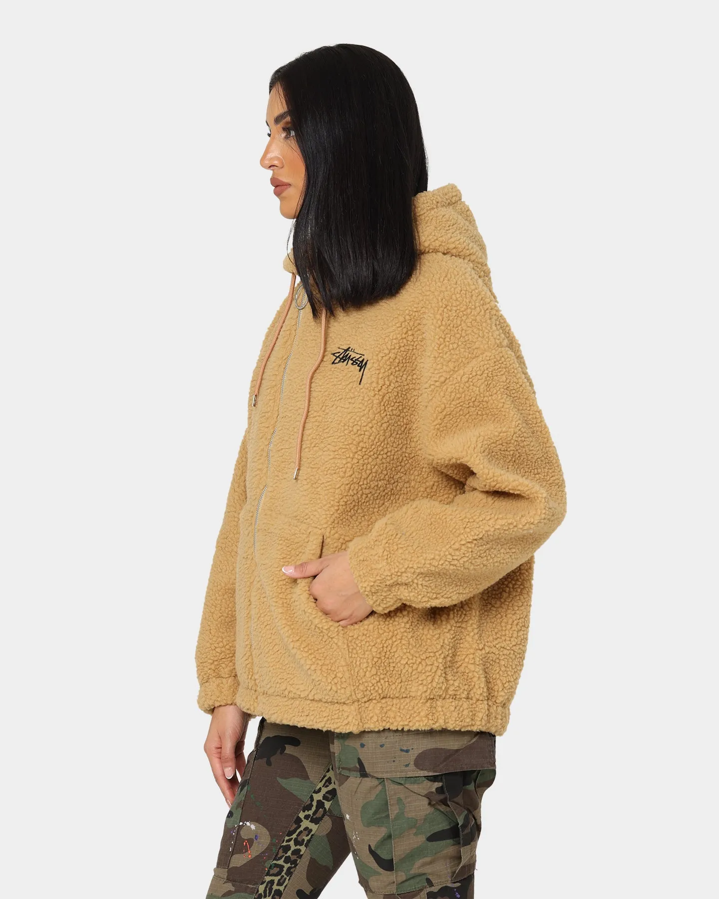 Stussy Women's Stock Sherpa Zip Up Hoodie Camel