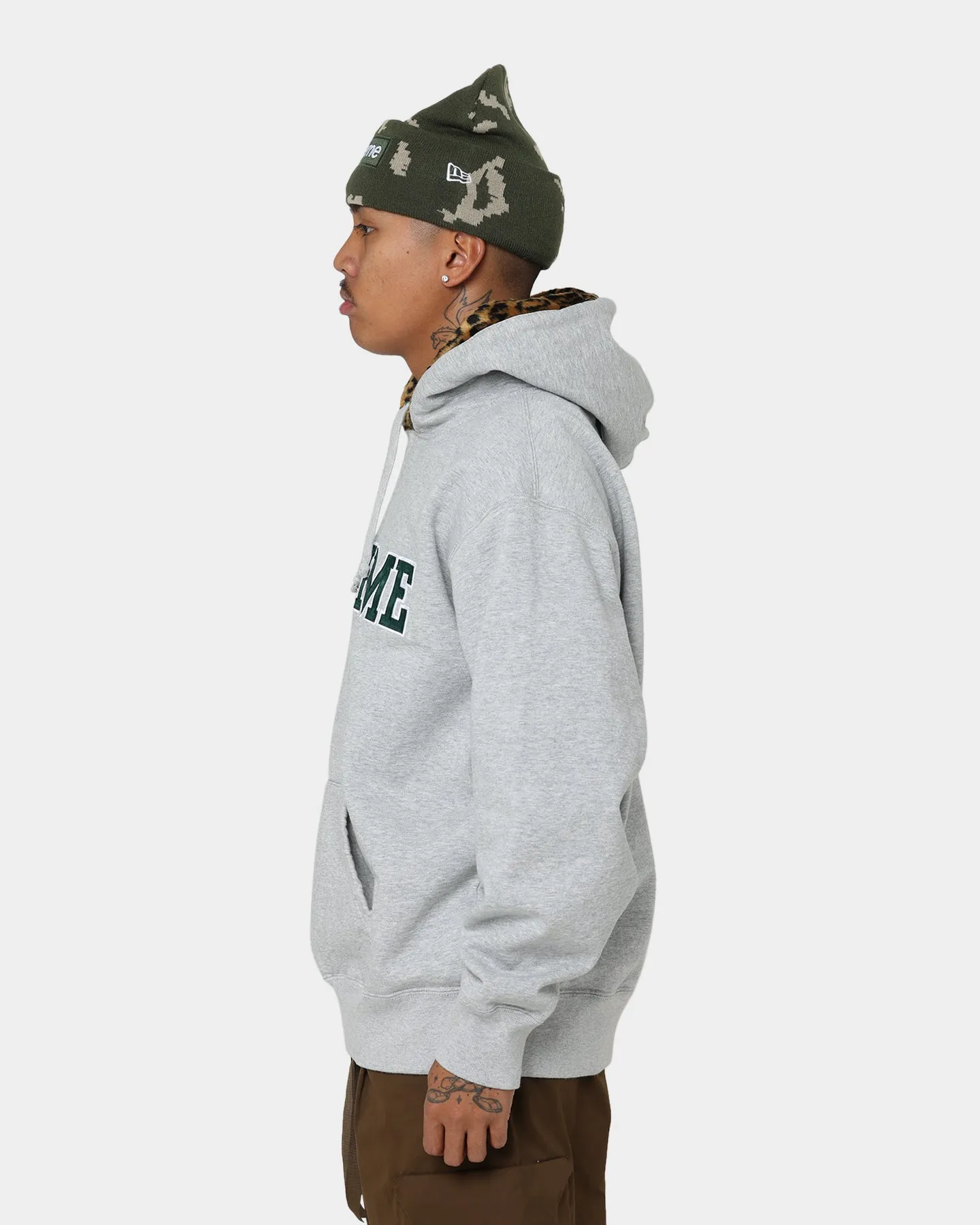 Supreme Leopard Trim Hooded Sweatshirt Grey