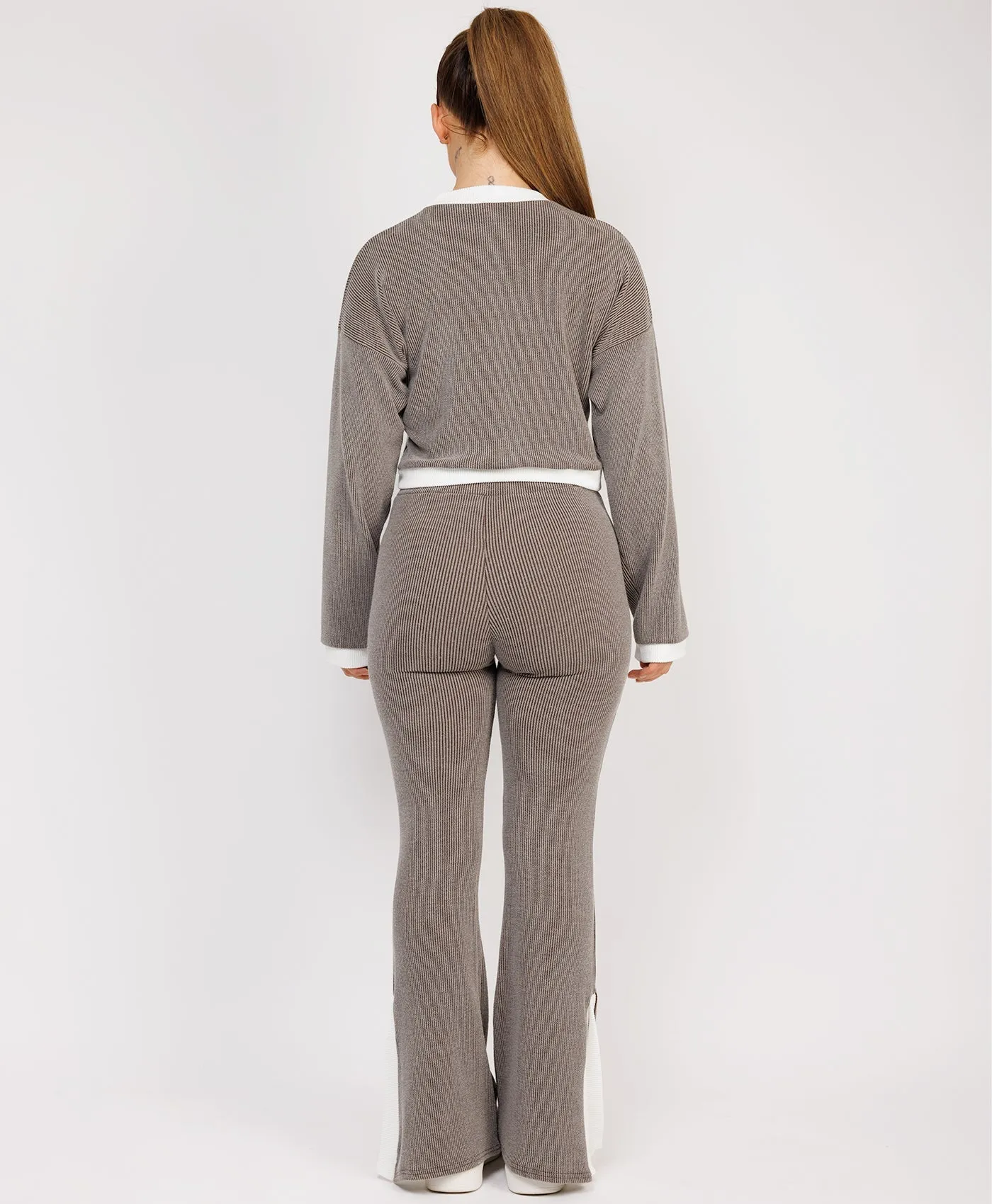 Taupe Contrast Stripe Jumper & Split Detail Trousers Loungewear Set