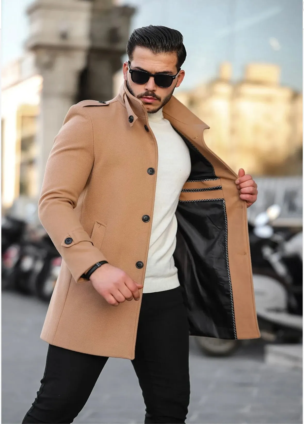 [Tommy] Beige Single-Breasted Pea Coat –100% Wool