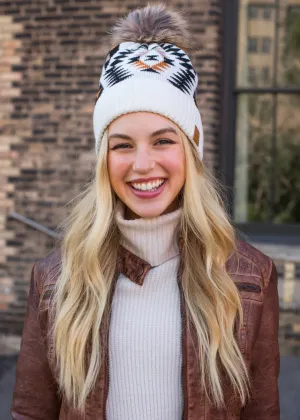 Tribal Pattern Knit Hat with Faux Fur Pom