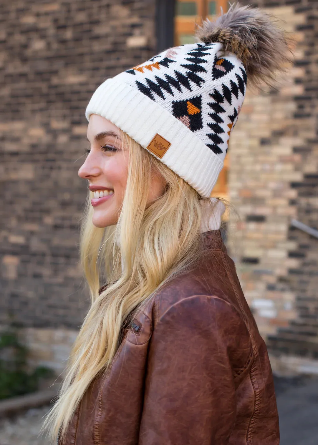 Tribal Pattern Knit Hat with Faux Fur Pom