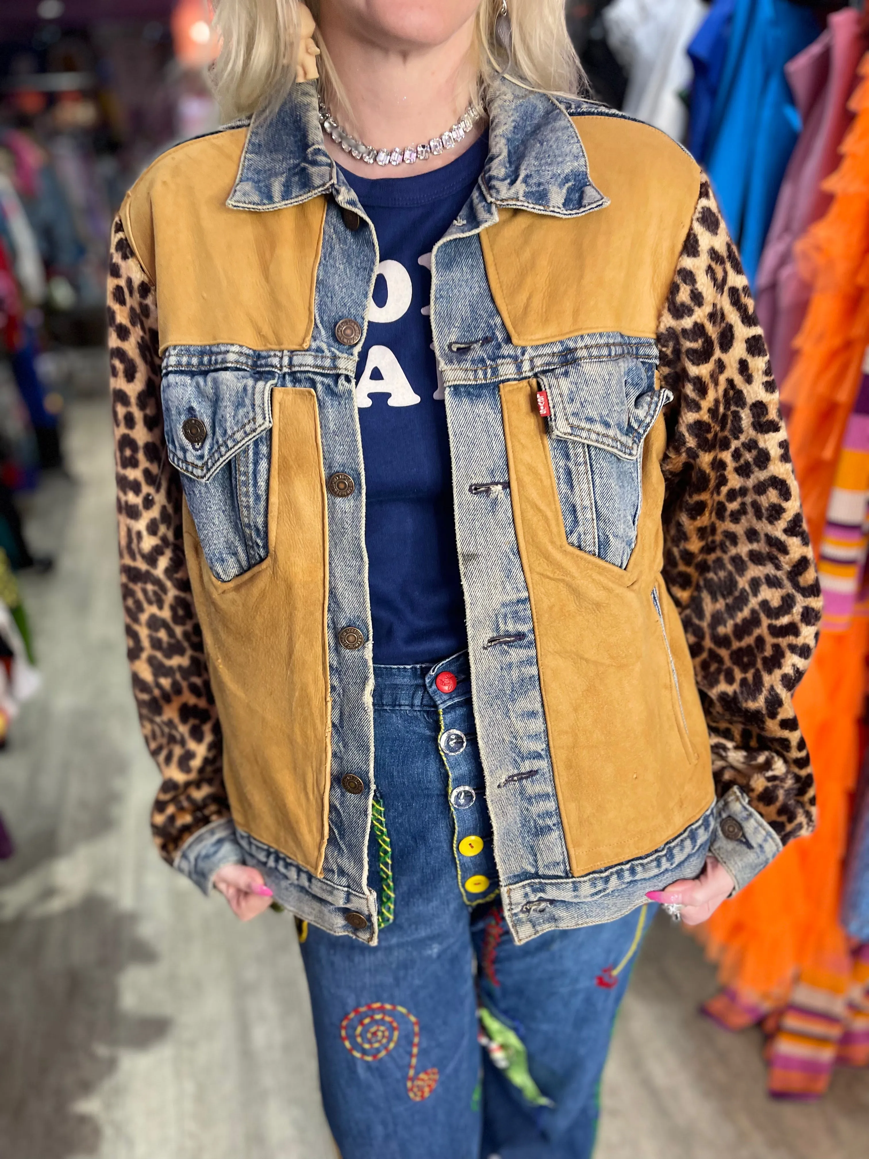 Vintage 90s Leopard Patchwork Jean Jacket