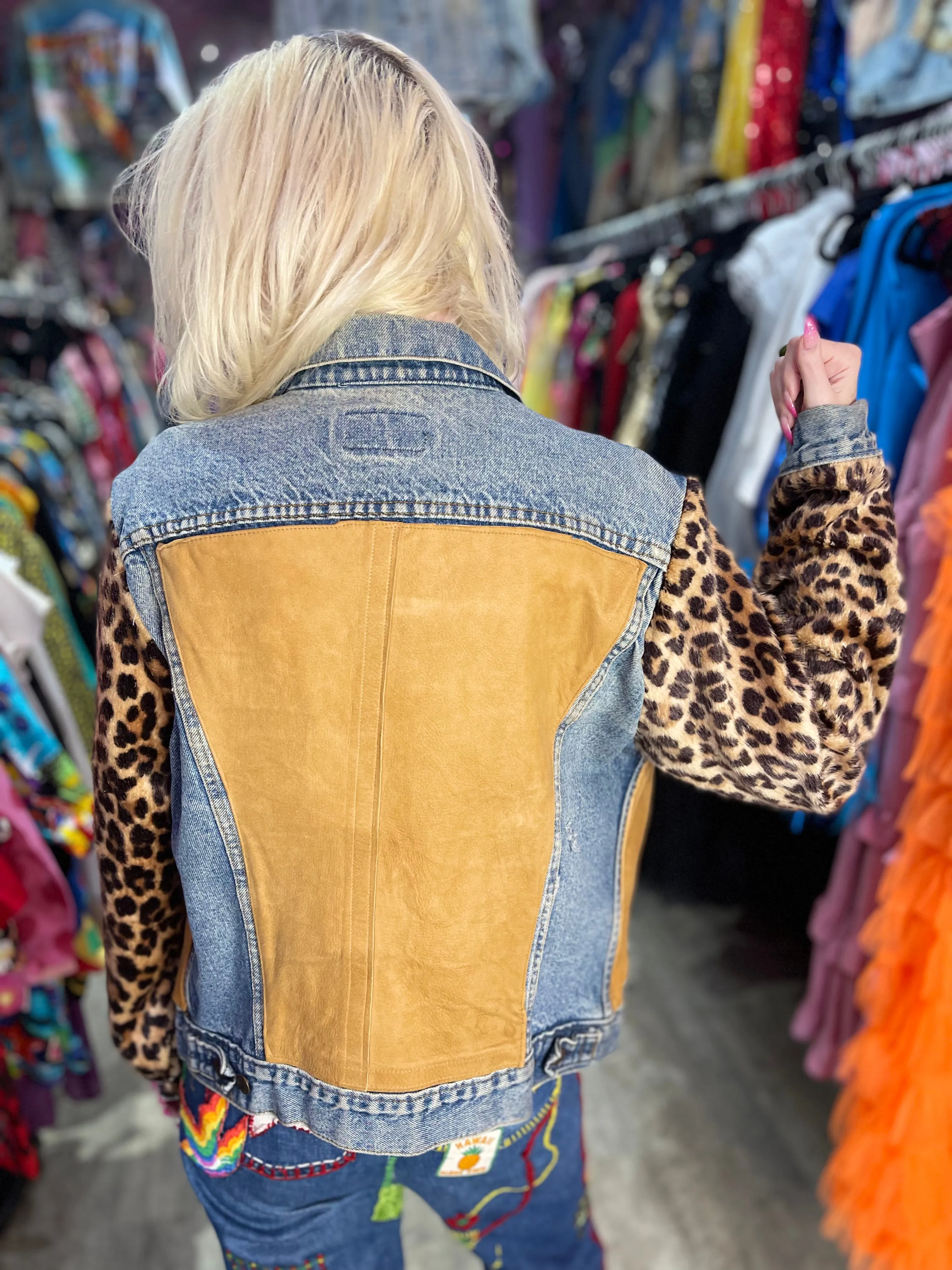 Vintage 90s Leopard Patchwork Jean Jacket