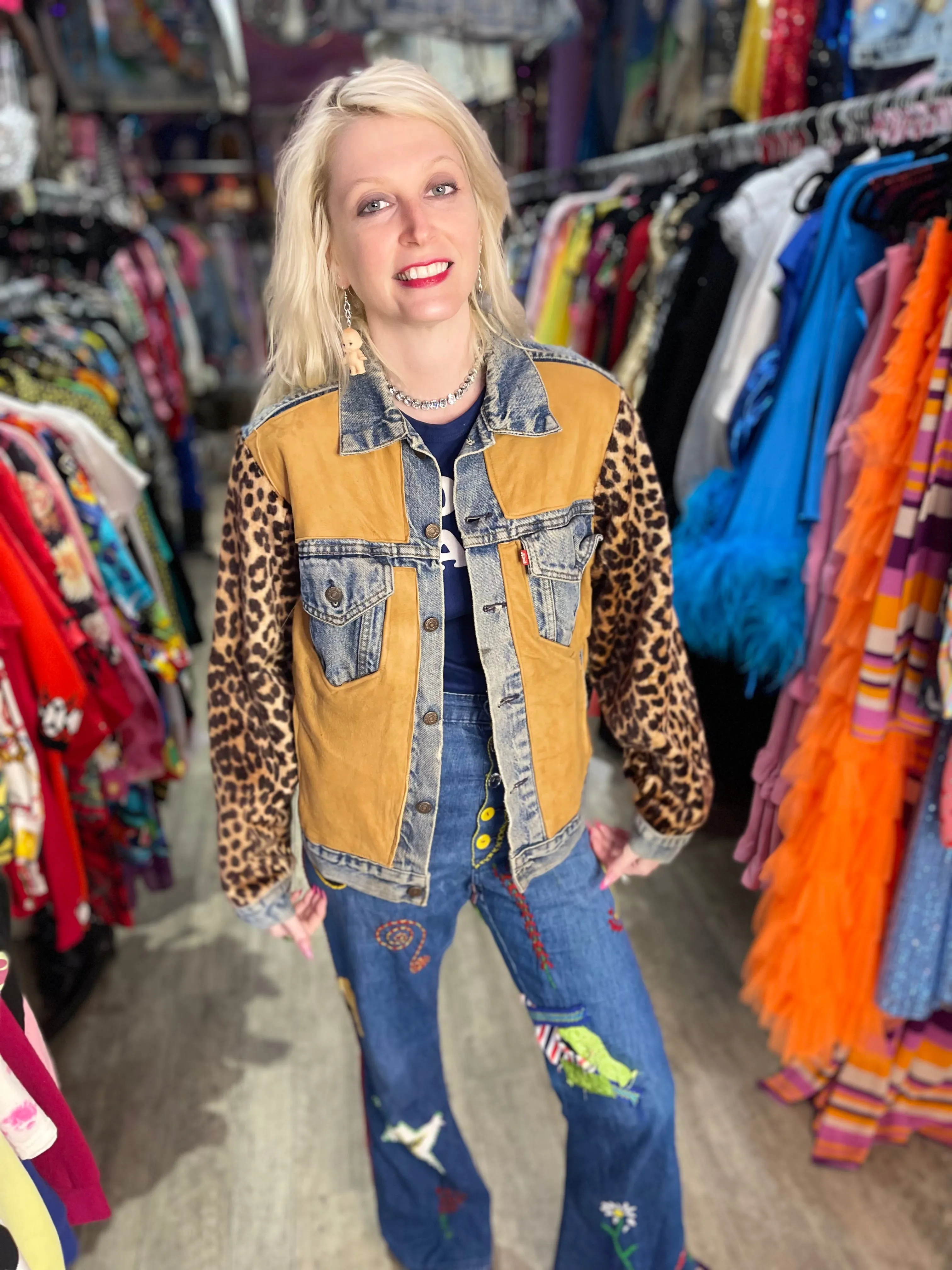 Vintage 90s Leopard Patchwork Jean Jacket