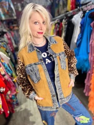 Vintage 90s Leopard Patchwork Jean Jacket