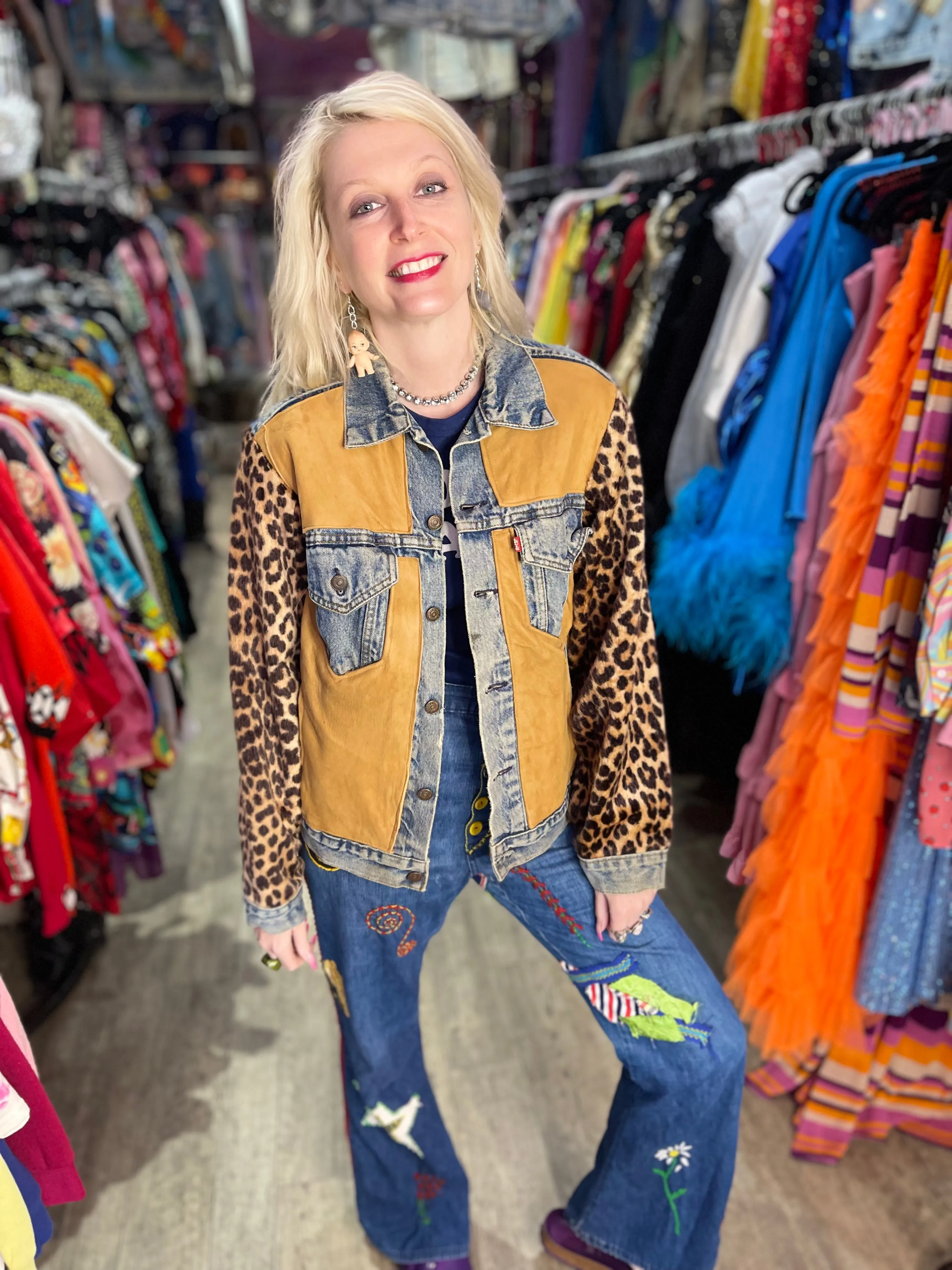 Vintage 90s Leopard Patchwork Jean Jacket