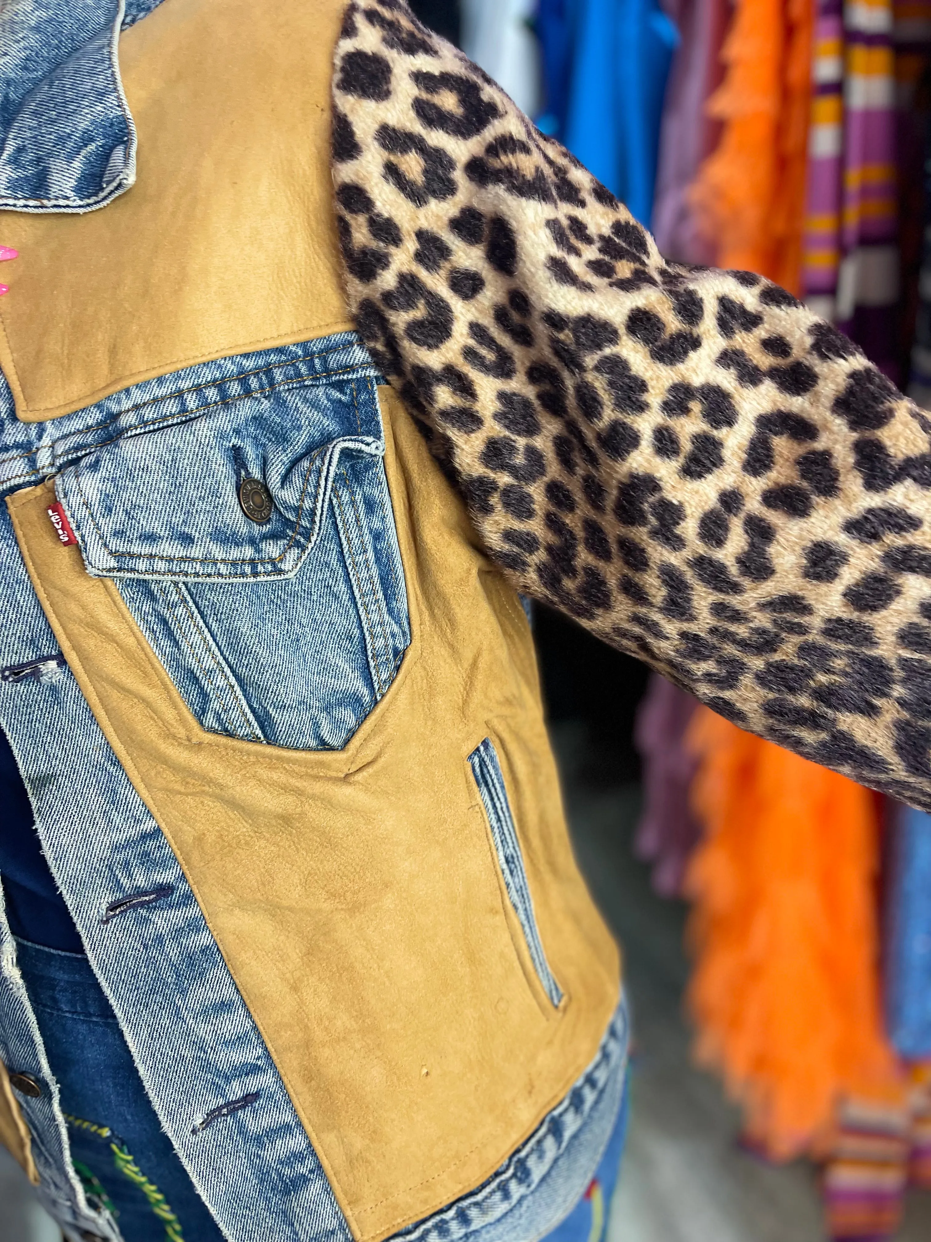 Vintage 90s Leopard Patchwork Jean Jacket