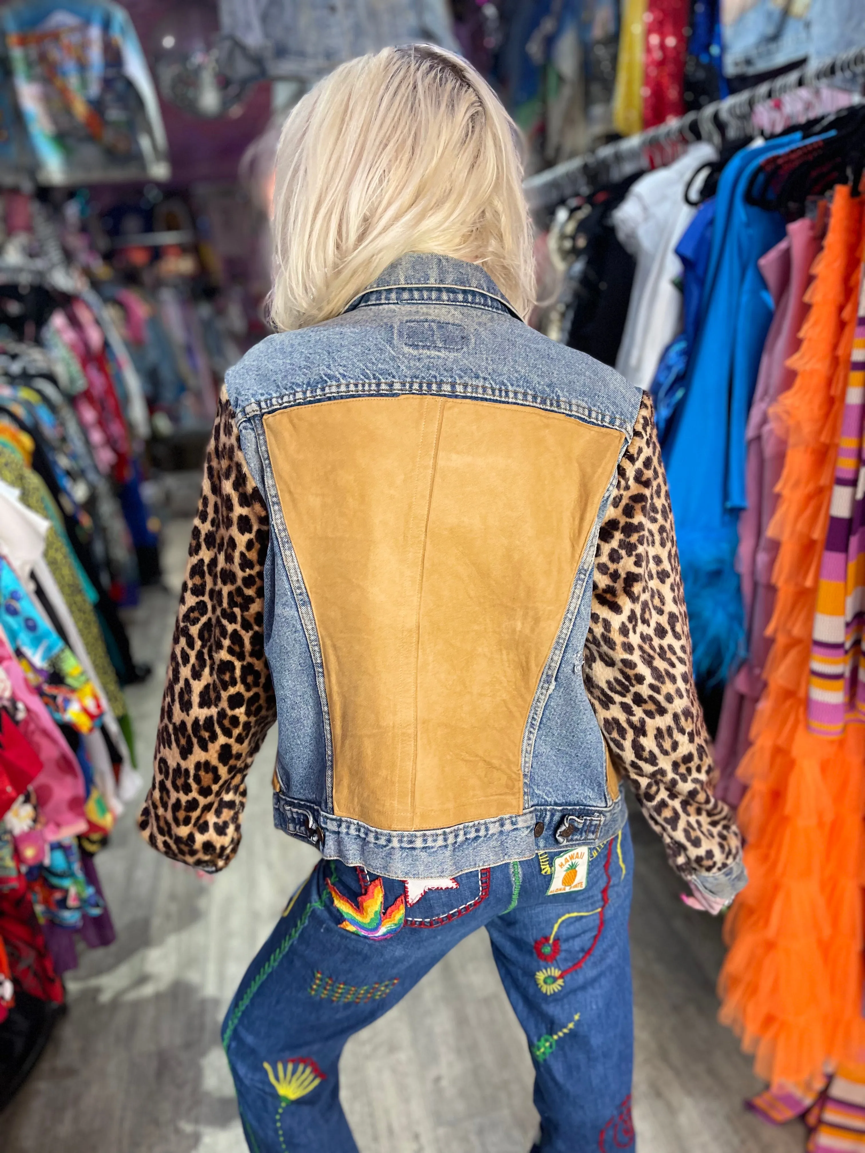 Vintage 90s Leopard Patchwork Jean Jacket