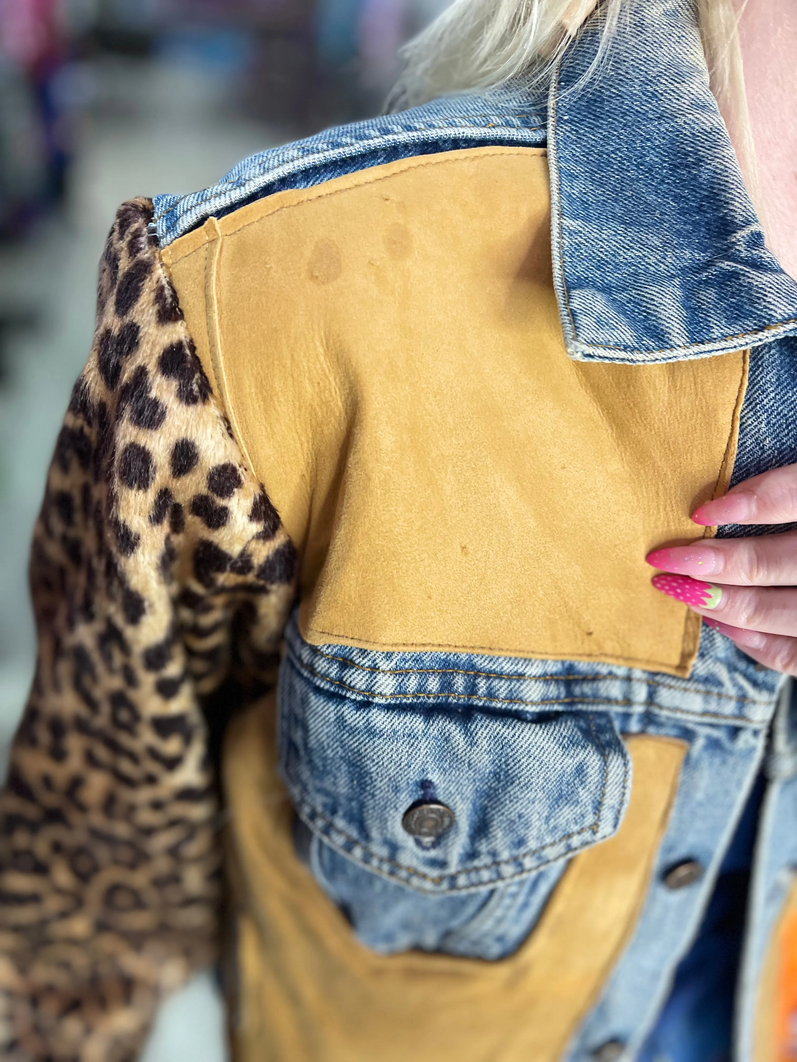 Vintage 90s Leopard Patchwork Jean Jacket