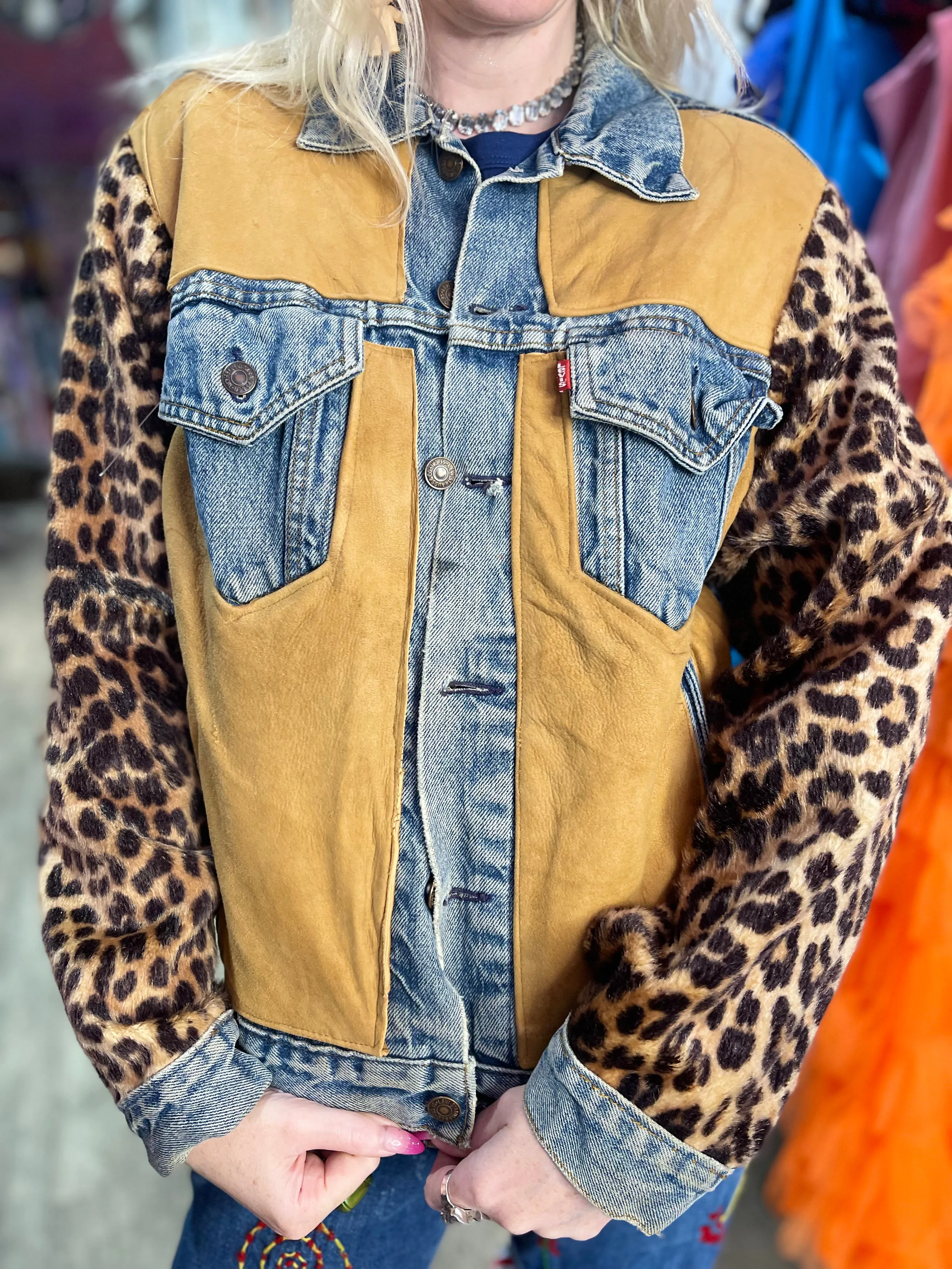 Vintage 90s Leopard Patchwork Jean Jacket