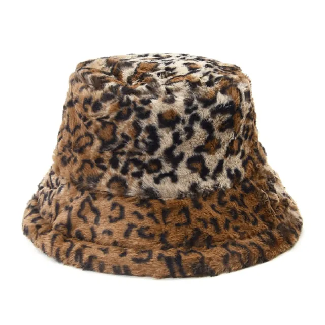 Winter Leopard Faux Fur Bucket Hat Women Thick Warm Fisherman Hat