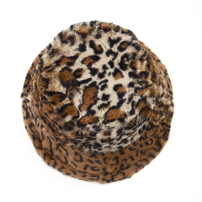 Winter Leopard Faux Fur Bucket Hat Women Thick Warm Fisherman Hat