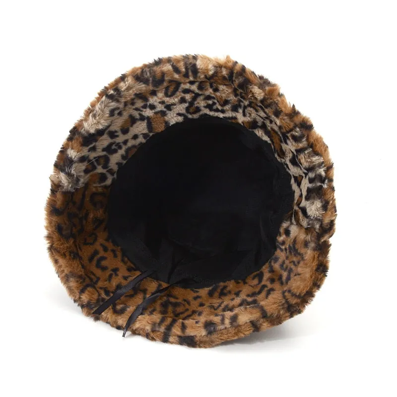 Winter Leopard Faux Fur Bucket Hat Women Thick Warm Fisherman Hat