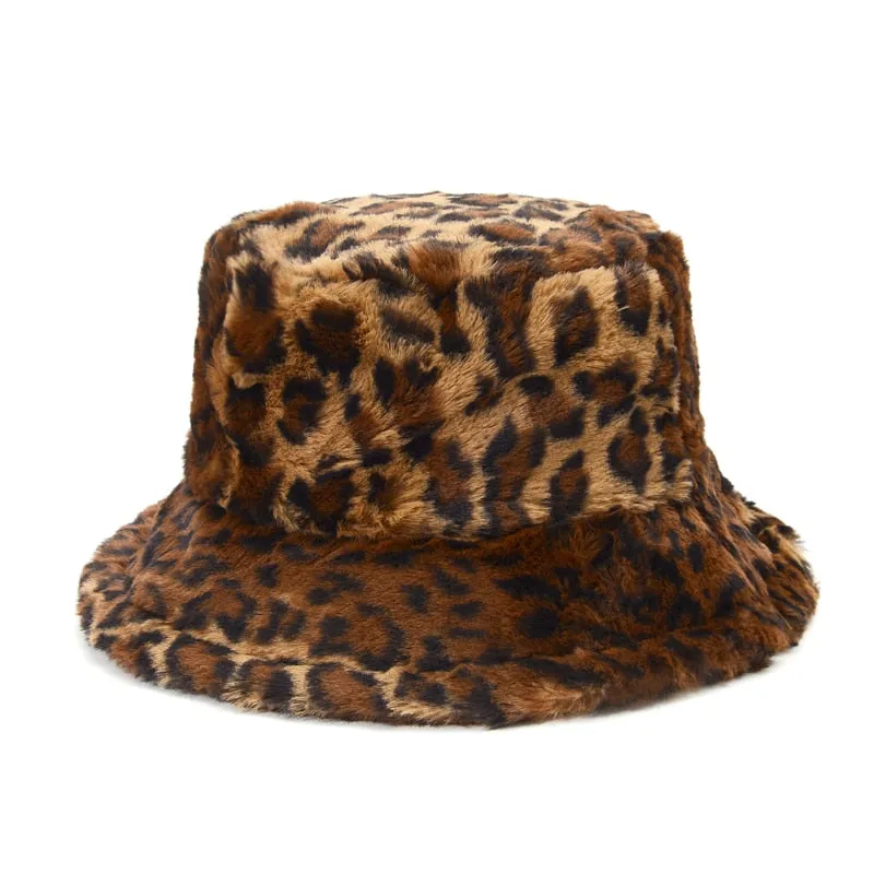 Winter Leopard Faux Fur Bucket Hat Women Thick Warm Fisherman Hat