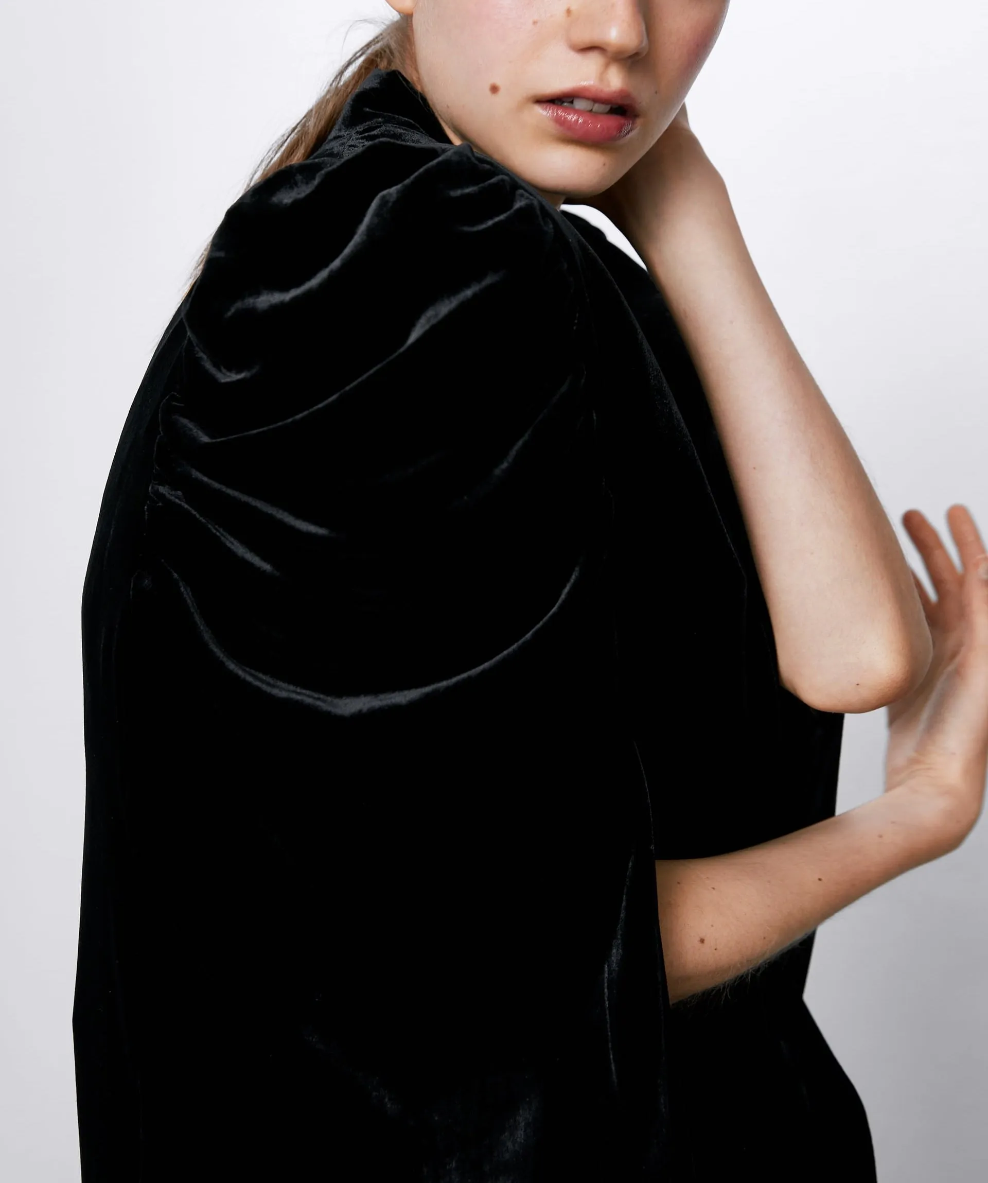 Women Asymmetrical Long Velvet Cape / with High Neck Front Tie Fastening