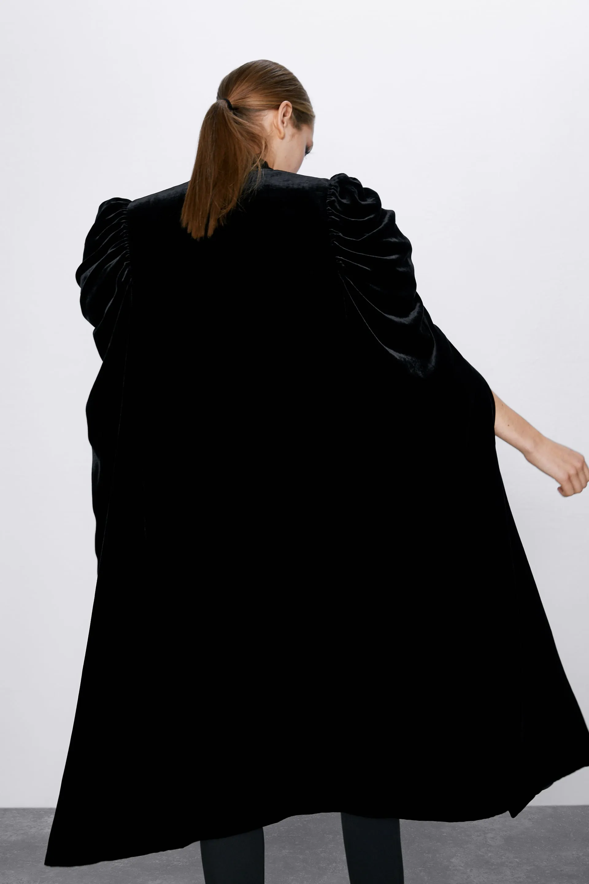 Women Asymmetrical Long Velvet Cape / with High Neck Front Tie Fastening