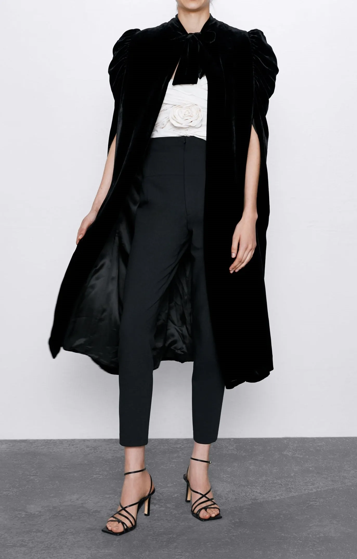 Women Asymmetrical Long Velvet Cape / with High Neck Front Tie Fastening