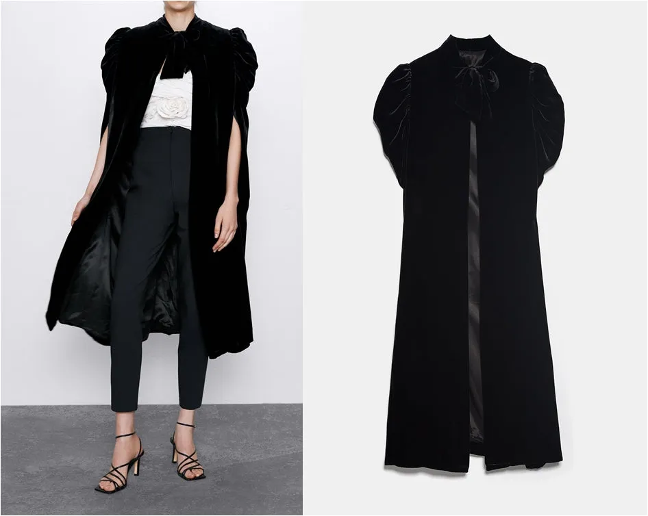 Women Asymmetrical Long Velvet Cape / with High Neck Front Tie Fastening