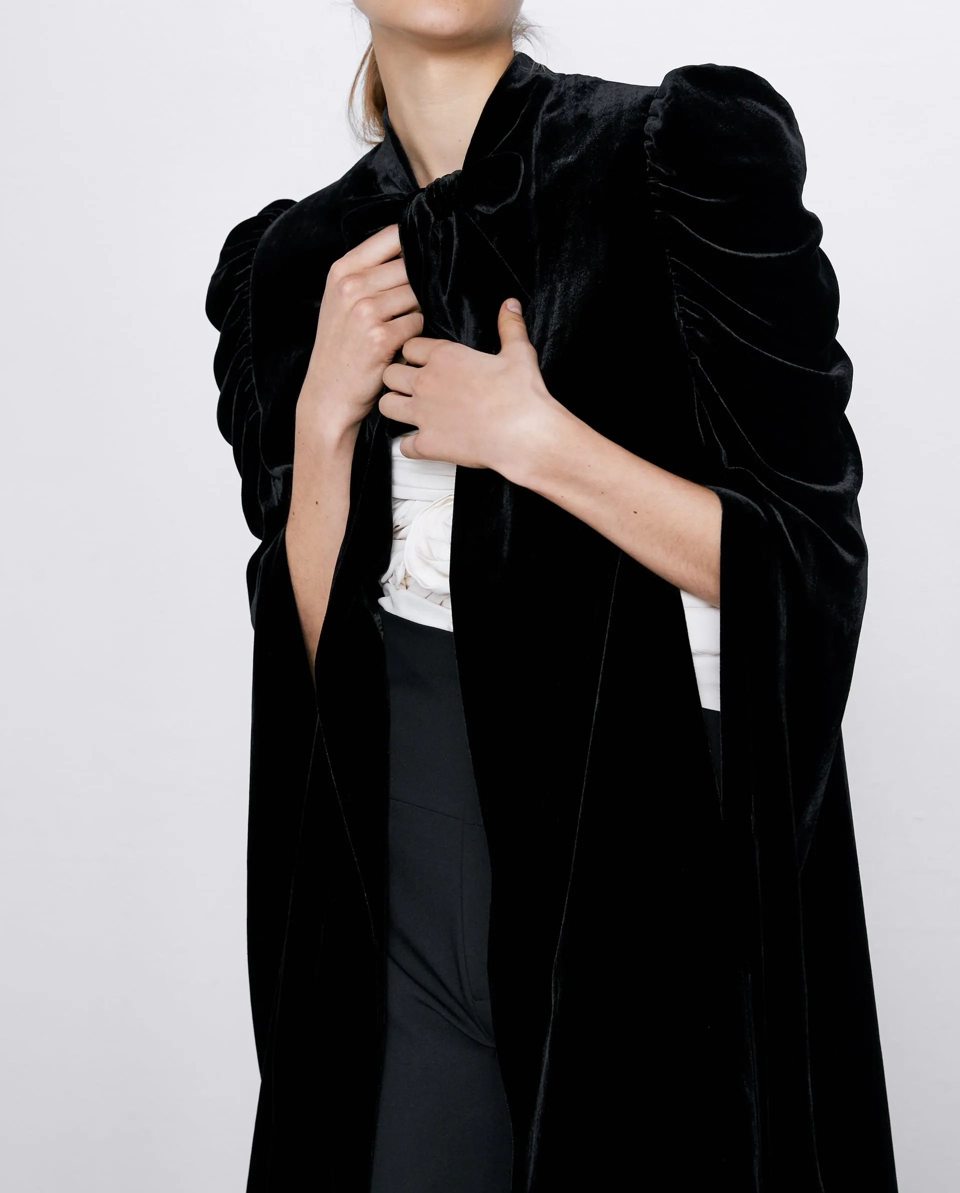 Women Asymmetrical Long Velvet Cape / with High Neck Front Tie Fastening