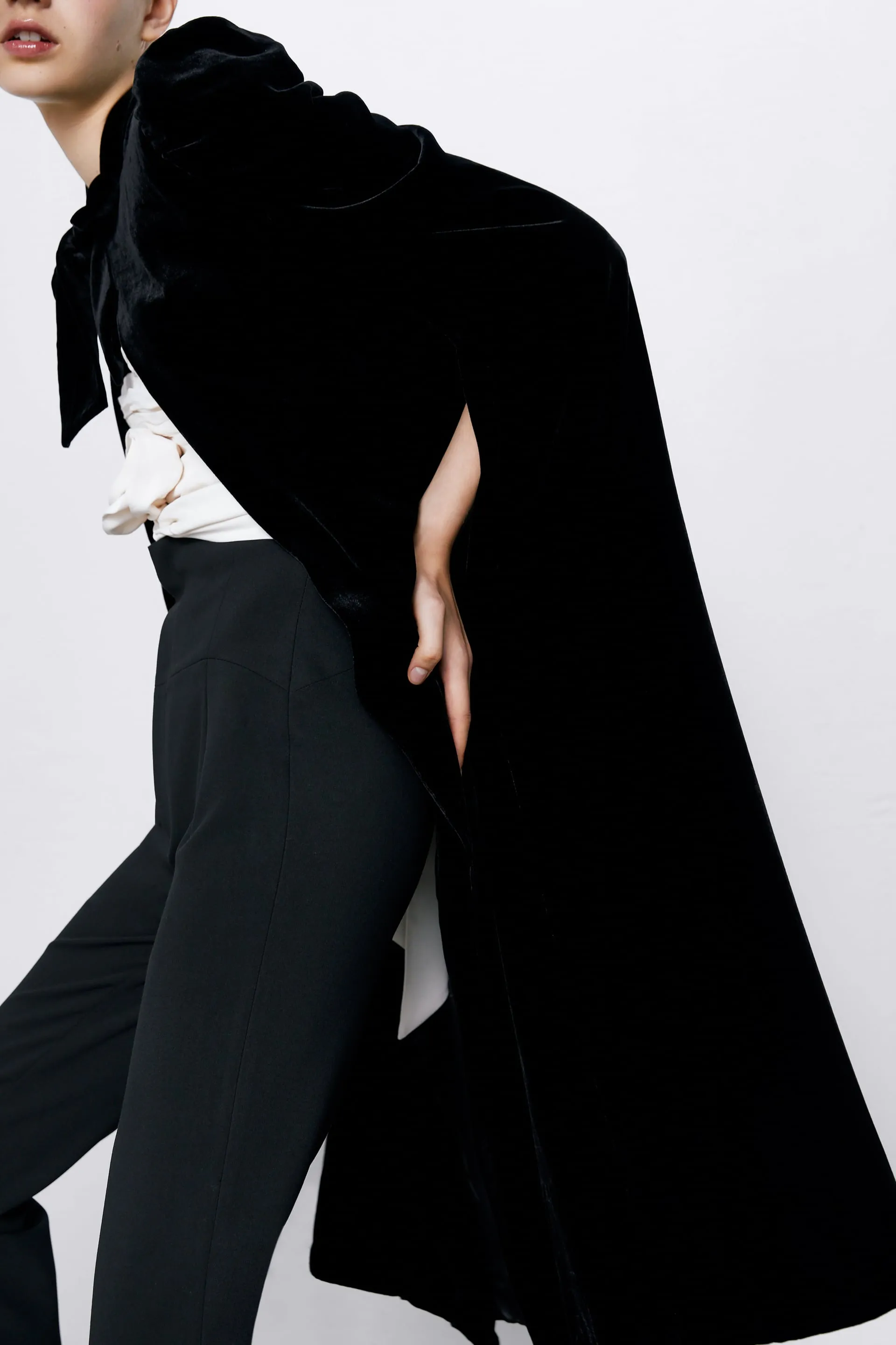 Women Asymmetrical Long Velvet Cape / with High Neck Front Tie Fastening