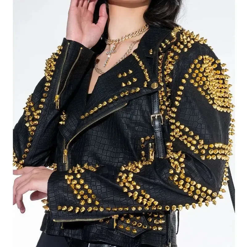 Women's Black Crocodile Texture Studs Leather Jacket