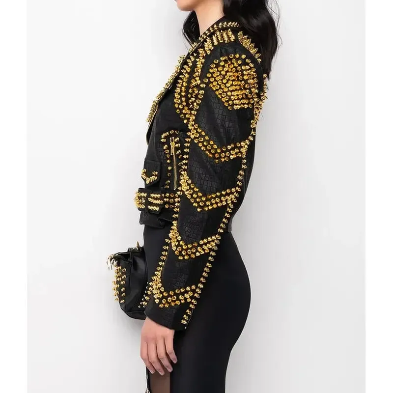 Women's Black Crocodile Texture Studs Leather Jacket