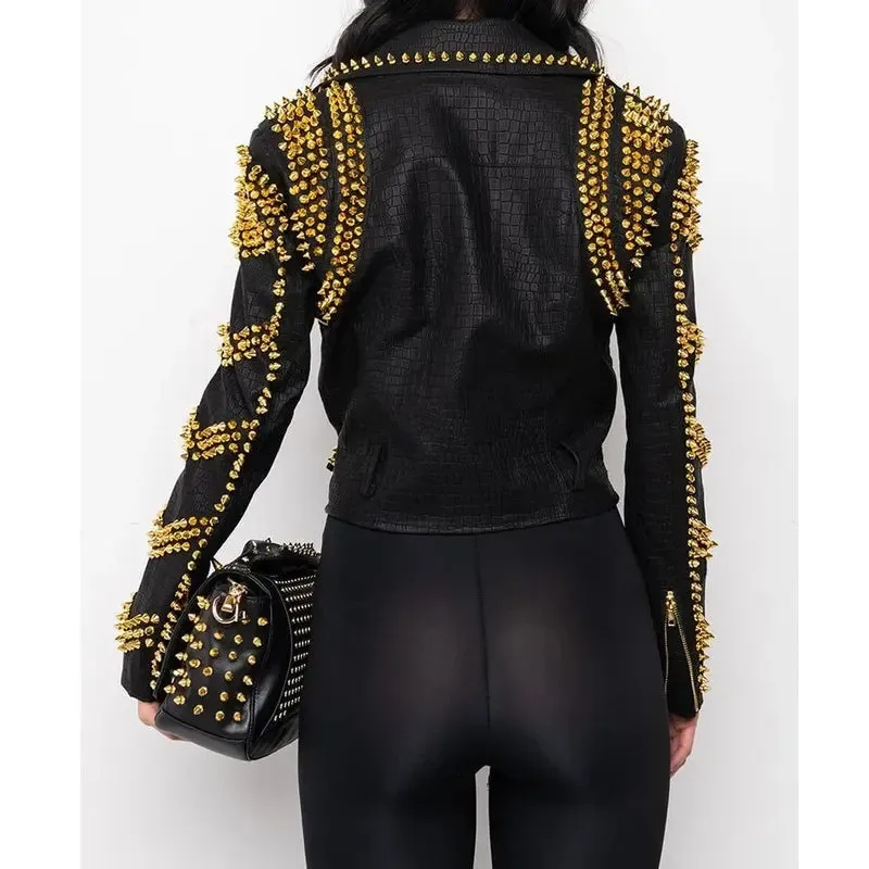 Women's Black Crocodile Texture Studs Leather Jacket