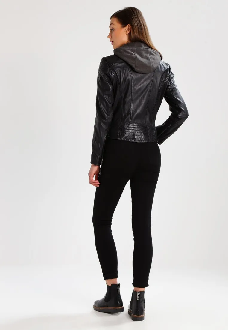 Women’s Black Leather Jacket Removable Hood