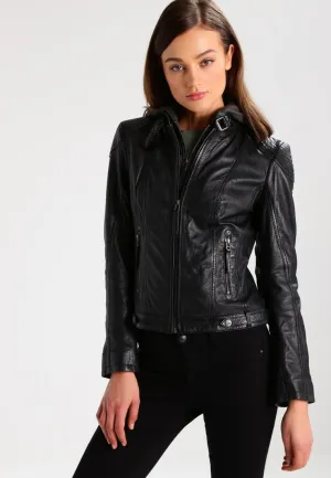 Women’s Black Leather Jacket Removable Hood