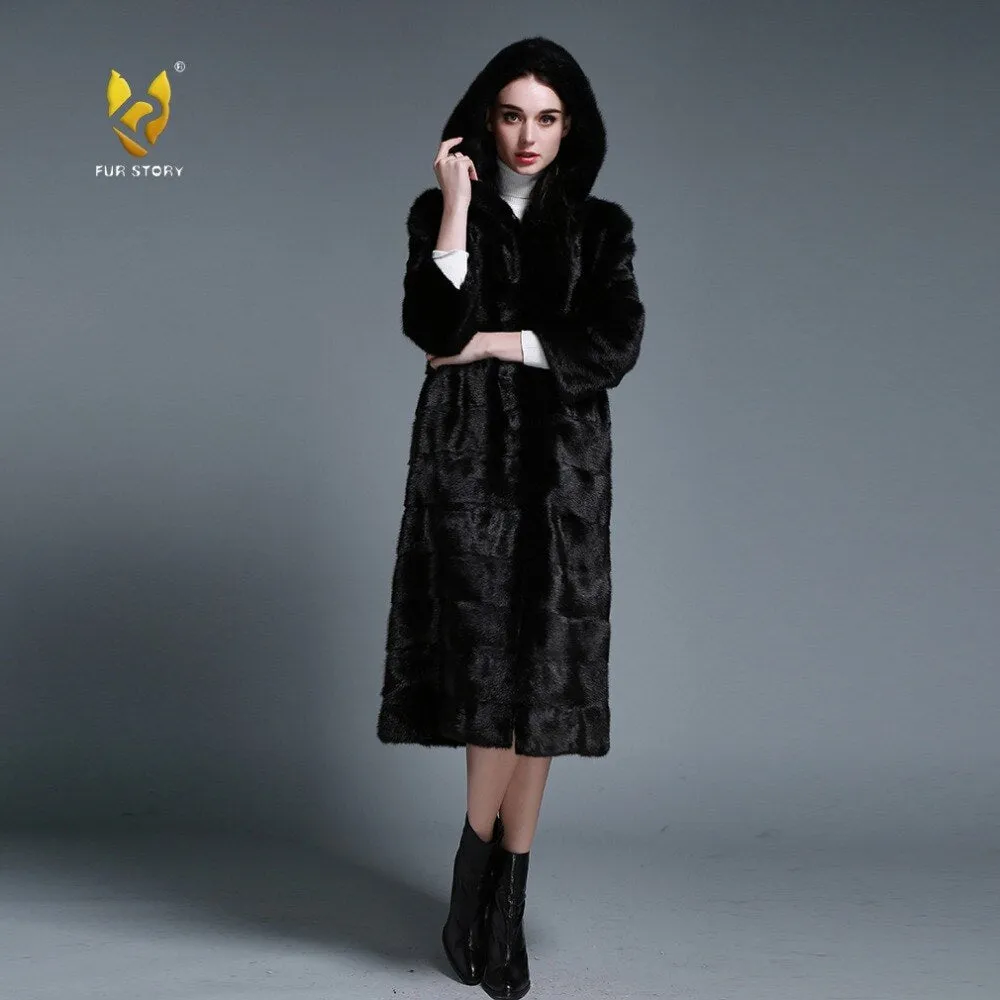 Women's Genuine Mink Fur Coat Women Hood Striped Fashion Winter Fur Overcoat for Women Fur Story FS16150