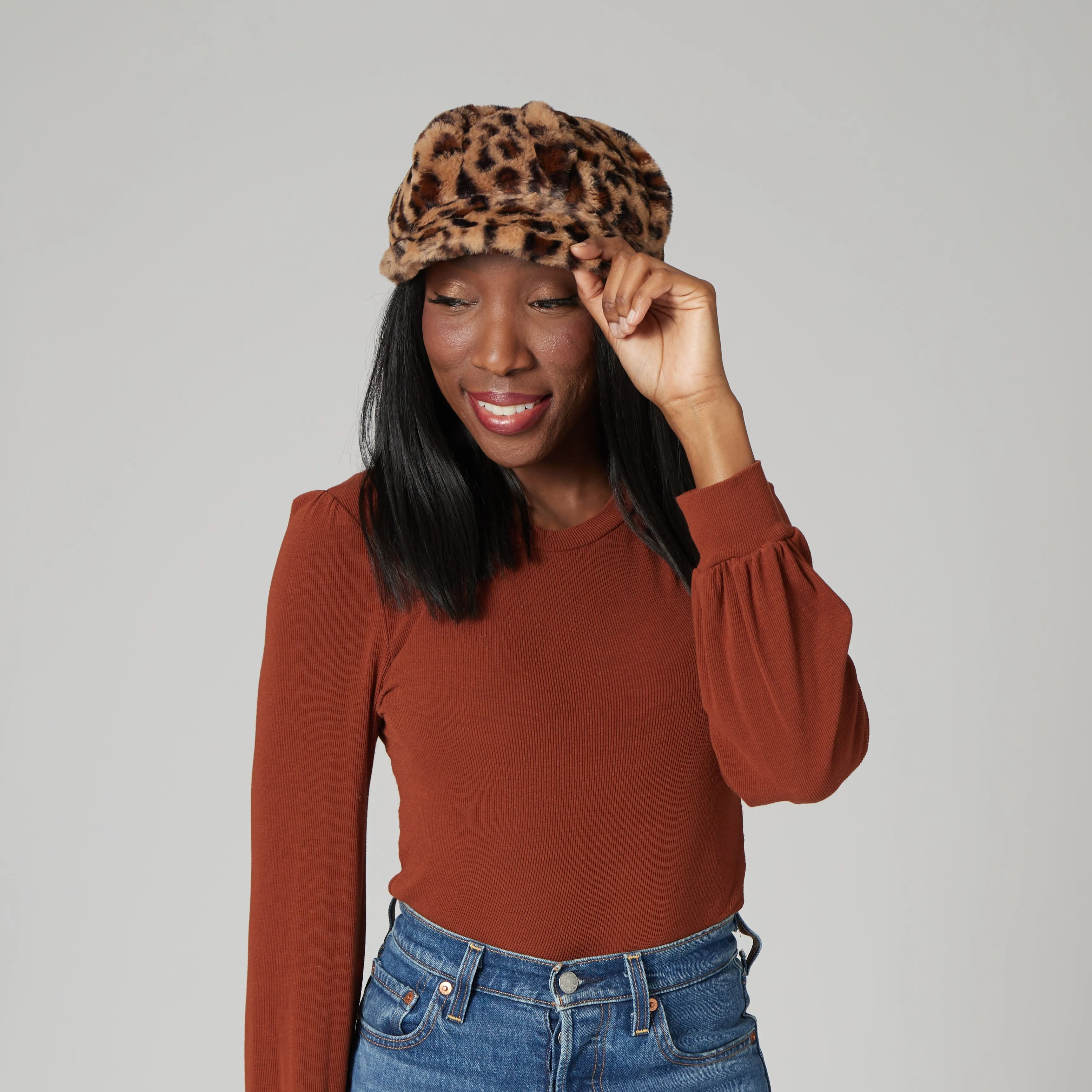 Women's leopard faux fur baker boy