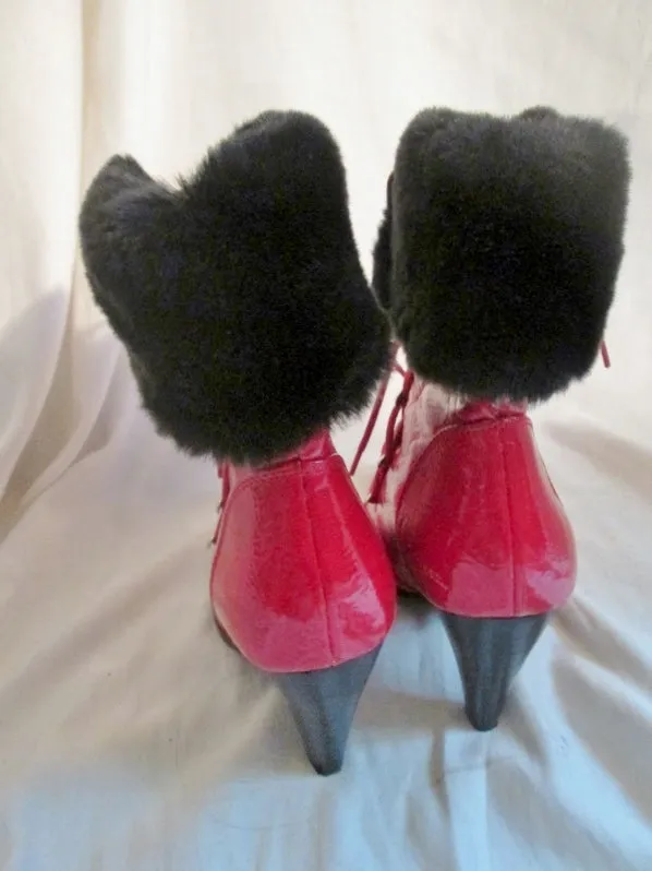 Womens TWO LIPS Vegan High Heel Ankle Boots BOOTIES 7 RED TOMATO Fur