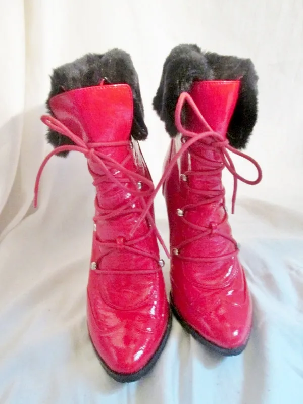 Womens TWO LIPS Vegan High Heel Ankle Boots BOOTIES 7 RED TOMATO Fur