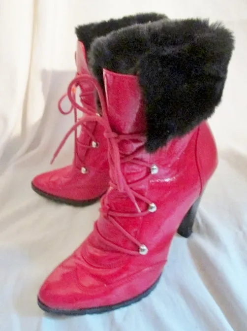 Womens TWO LIPS Vegan High Heel Ankle Boots BOOTIES 7 RED TOMATO Fur