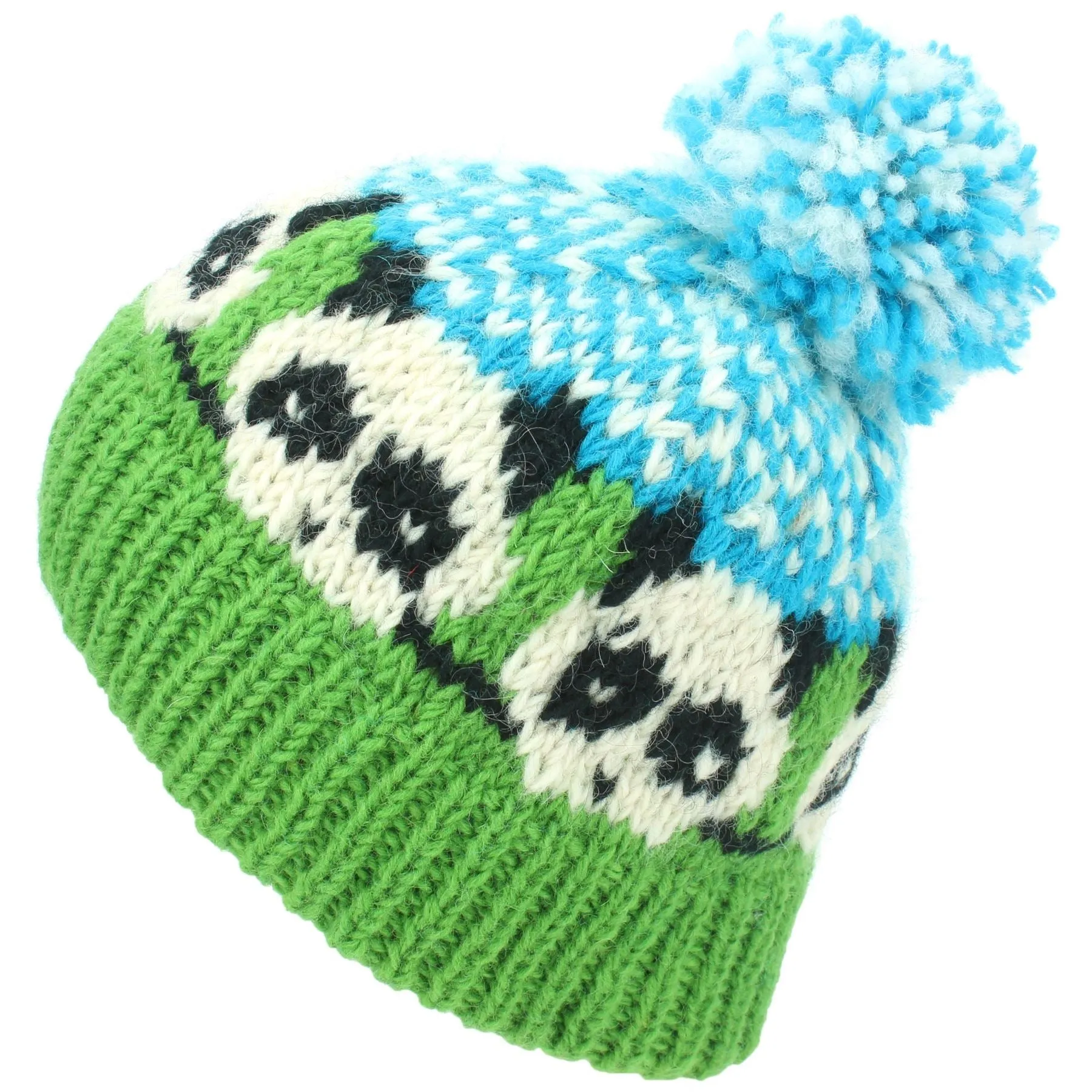 Wool Knit Bobble Beanie Hat - Panda - Green Blue