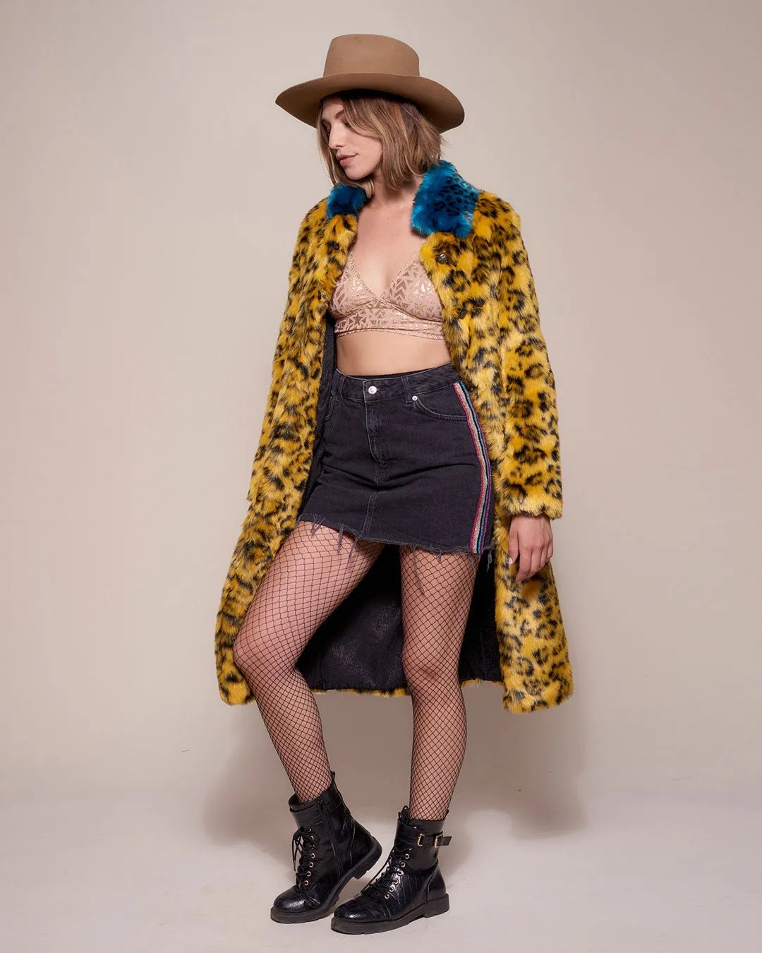 Yellow Cheetah Calf Length Faux Fur Coat | Women's