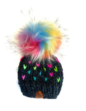 Youth Knit Hearts Pom Hat | Gray Rainbow