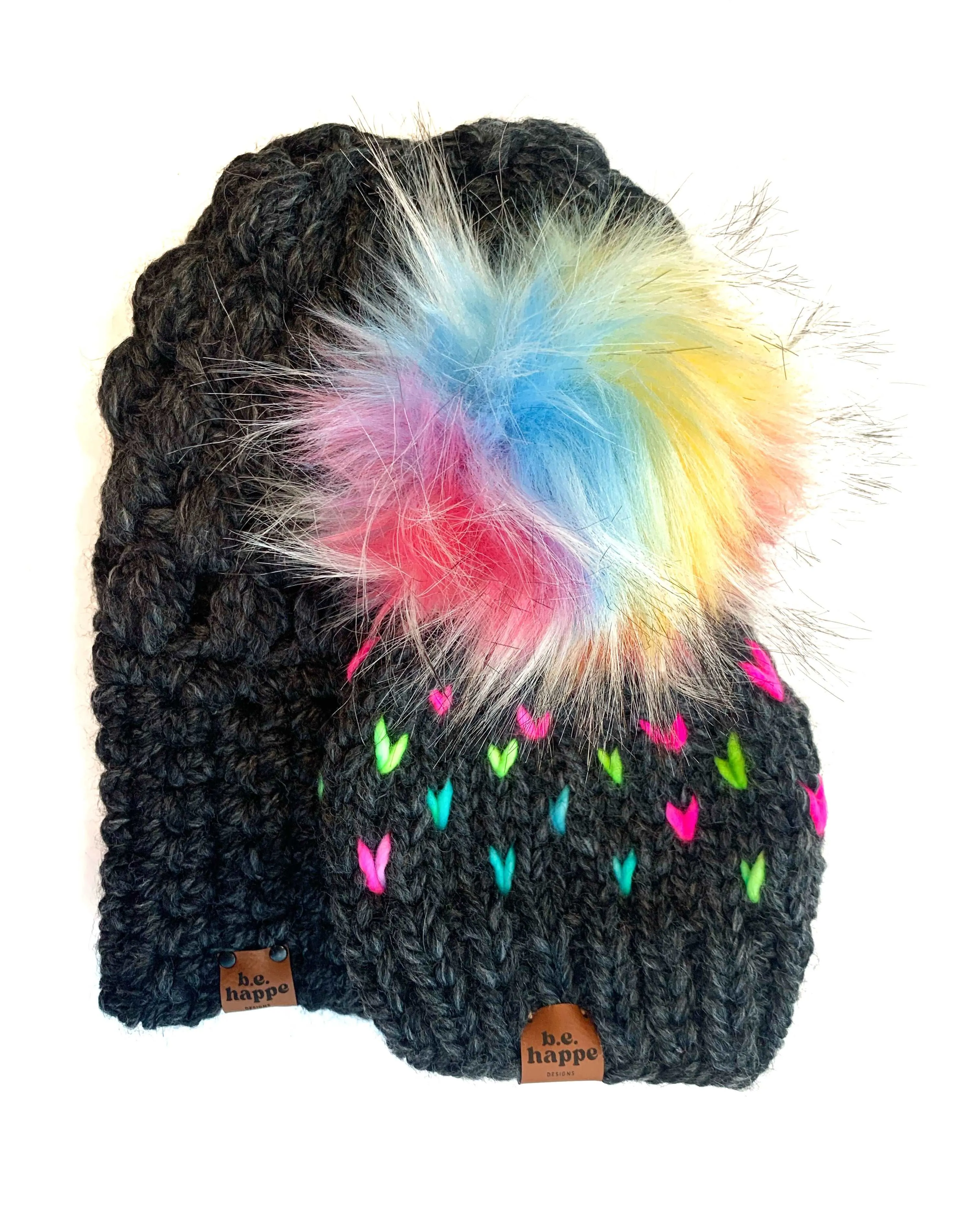 Youth Knit Hearts Pom Hat | Gray Rainbow