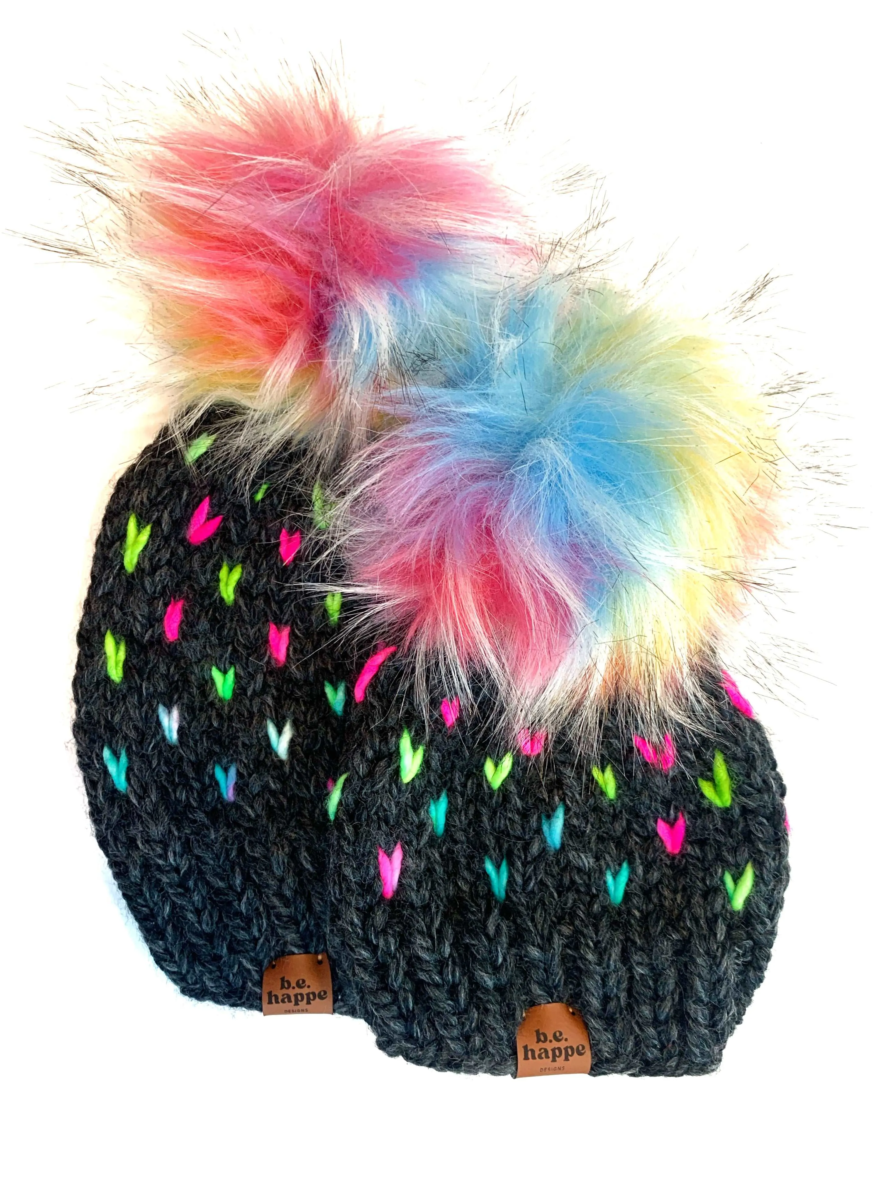 Youth Knit Hearts Pom Hat | Gray Rainbow