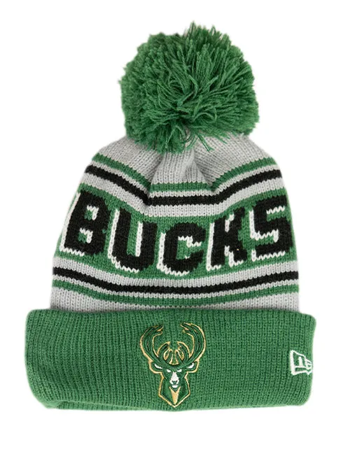 Youth New Era Cuff Pom Wordmark Milwaukee Bucks Knit Hat