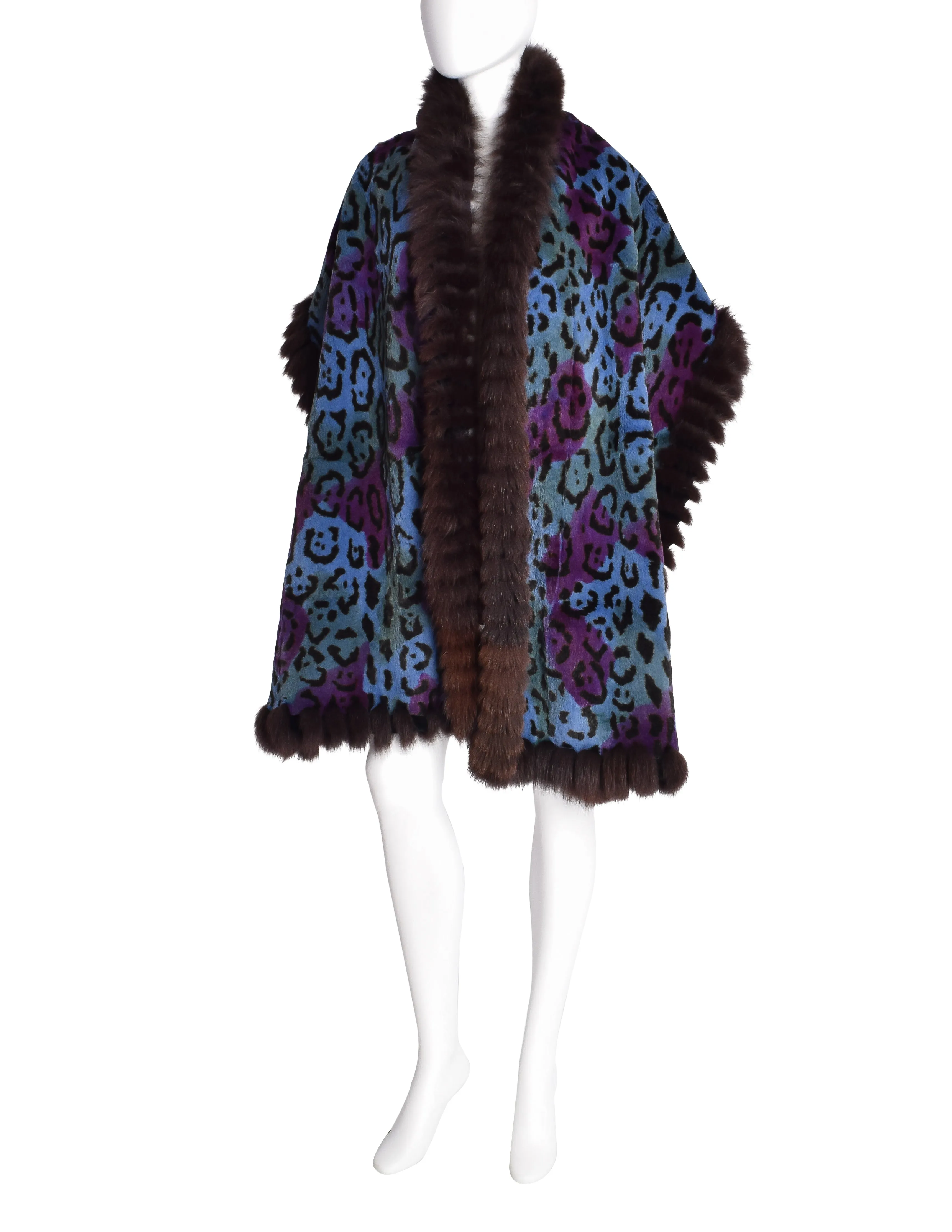 Yves Saint Laurent Vintage Purple Blue Leopard Fox Fur Oversized Wrap Stole Shawl